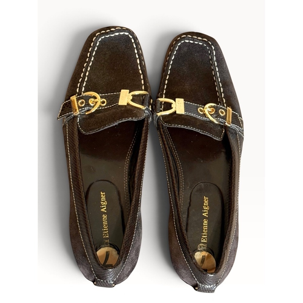 Etienne Aigner SEMPEST Brown Suede Faux Python Buckle Loafers Square Toe Size 7